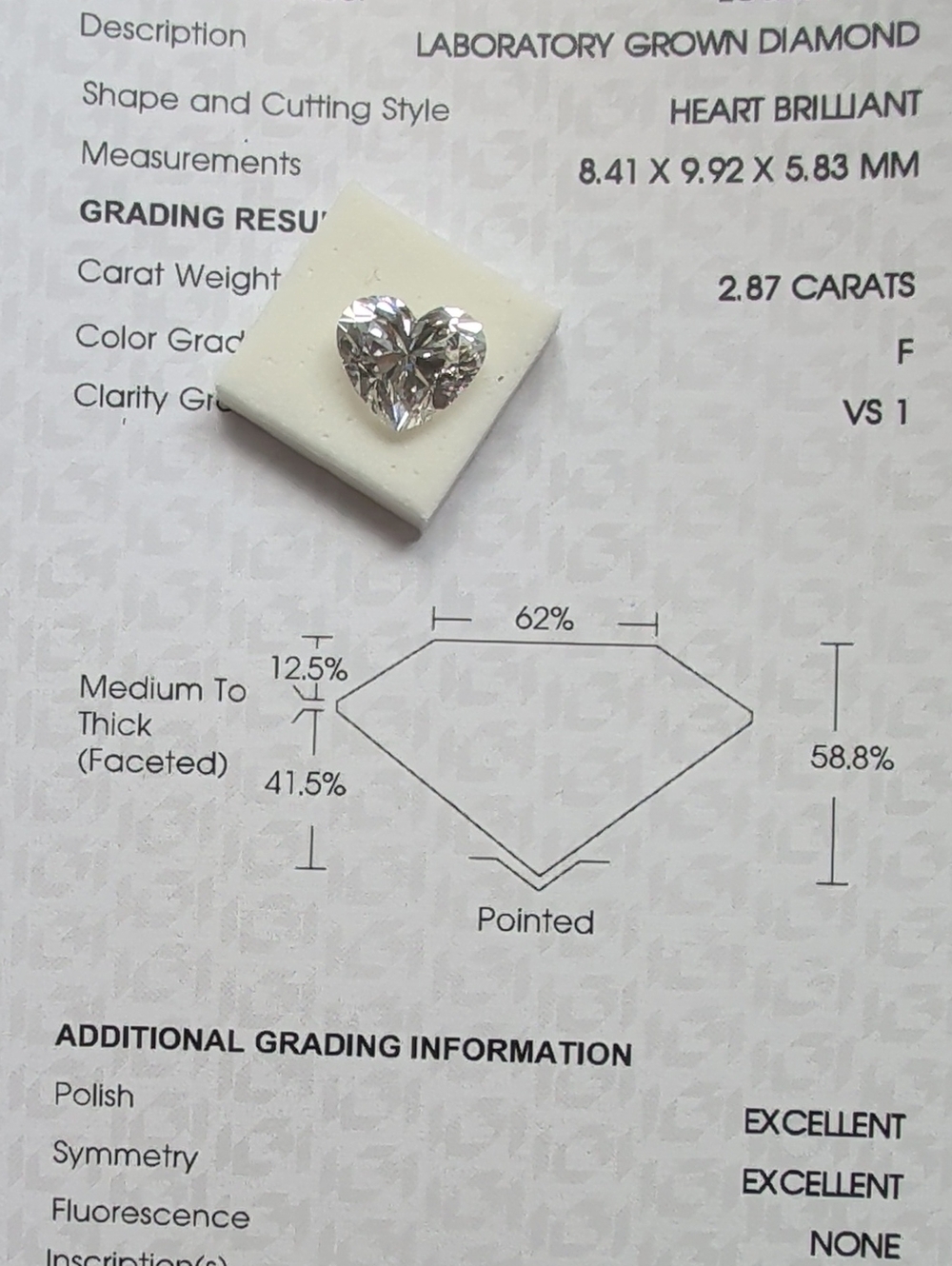IGI Certified Lab Grown Diamond 2.87 carat Heart